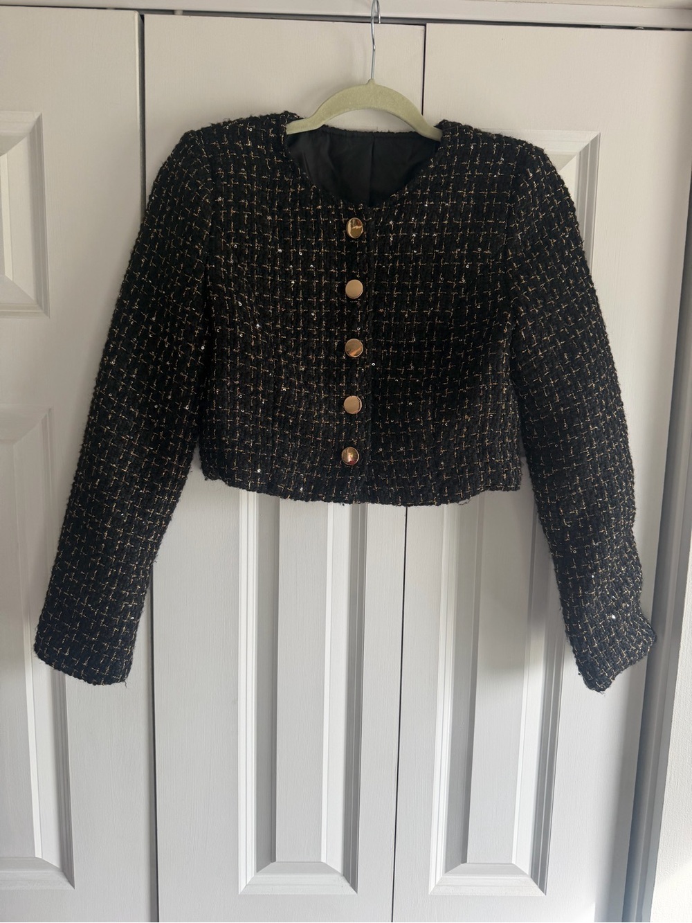 Commense Black Tweed Boulcé Cropped Blazer with Gold Buttons